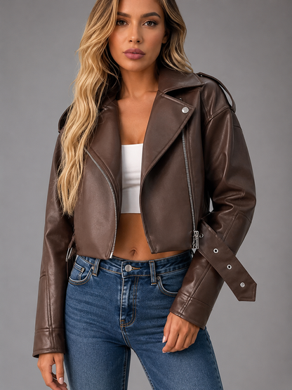 Women's Faux Leather Short Motorcycle Jacket – Belted with Zipper Lapel