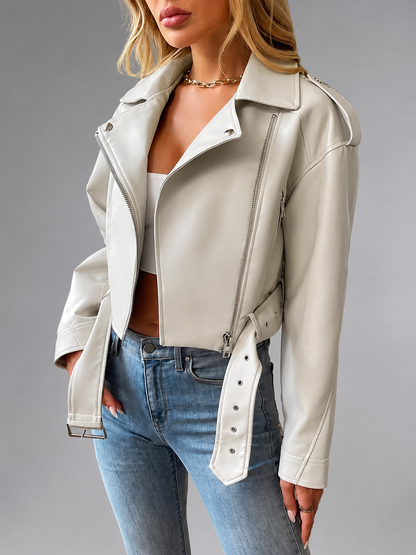 Women's Faux Leather Short Motorcycle Jacket – Belted with Zipper Lapel