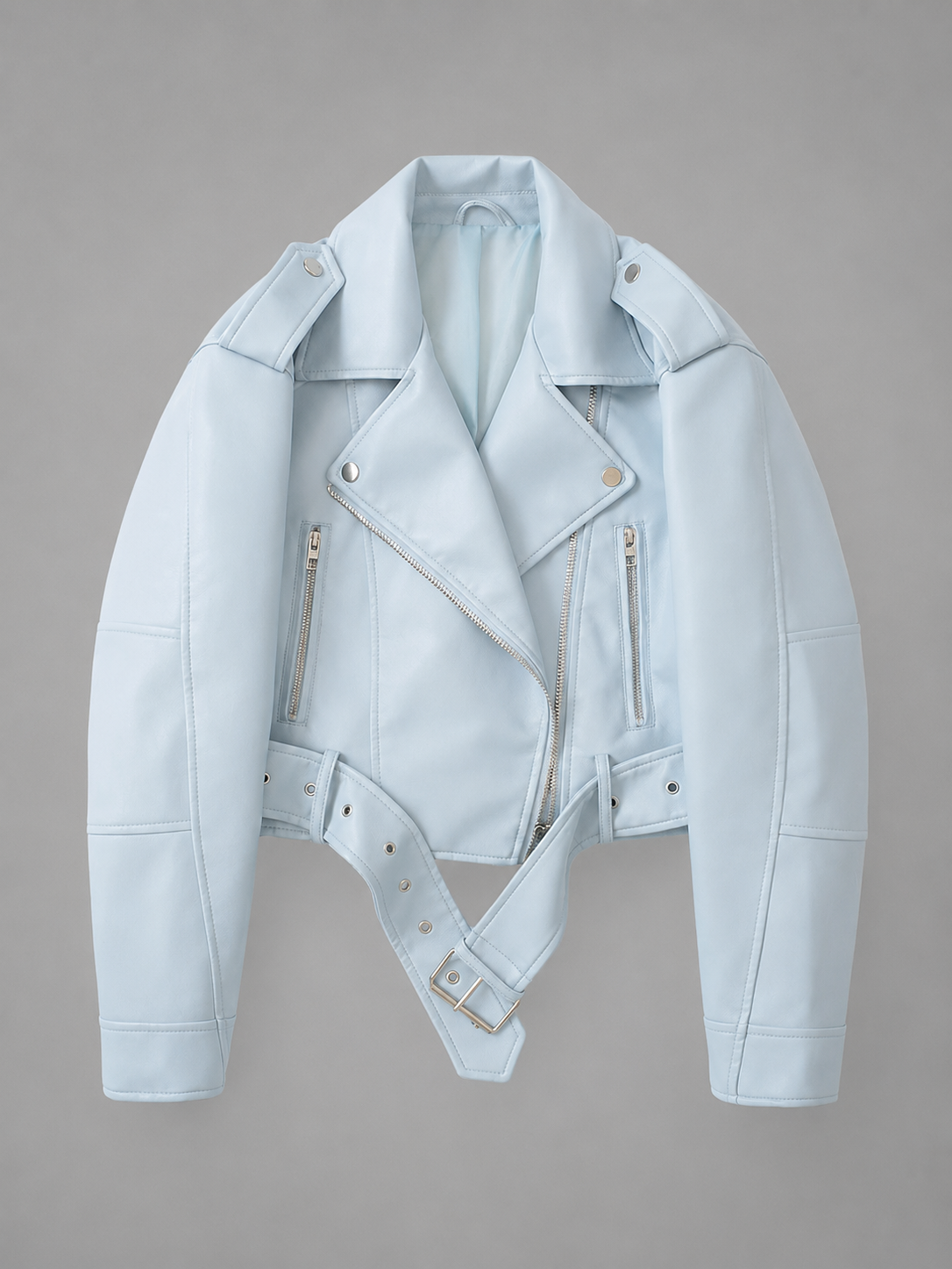 Women's Faux Leather Short Motorcycle Jacket – Belted with Zipper Lapel