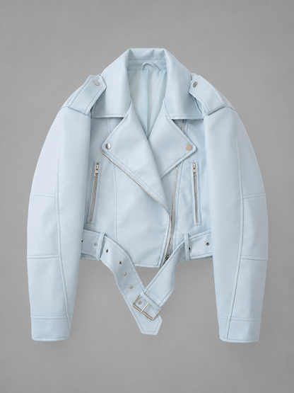 Women's Faux Leather Short Motorcycle Jacket – Belted with Zipper Lapel