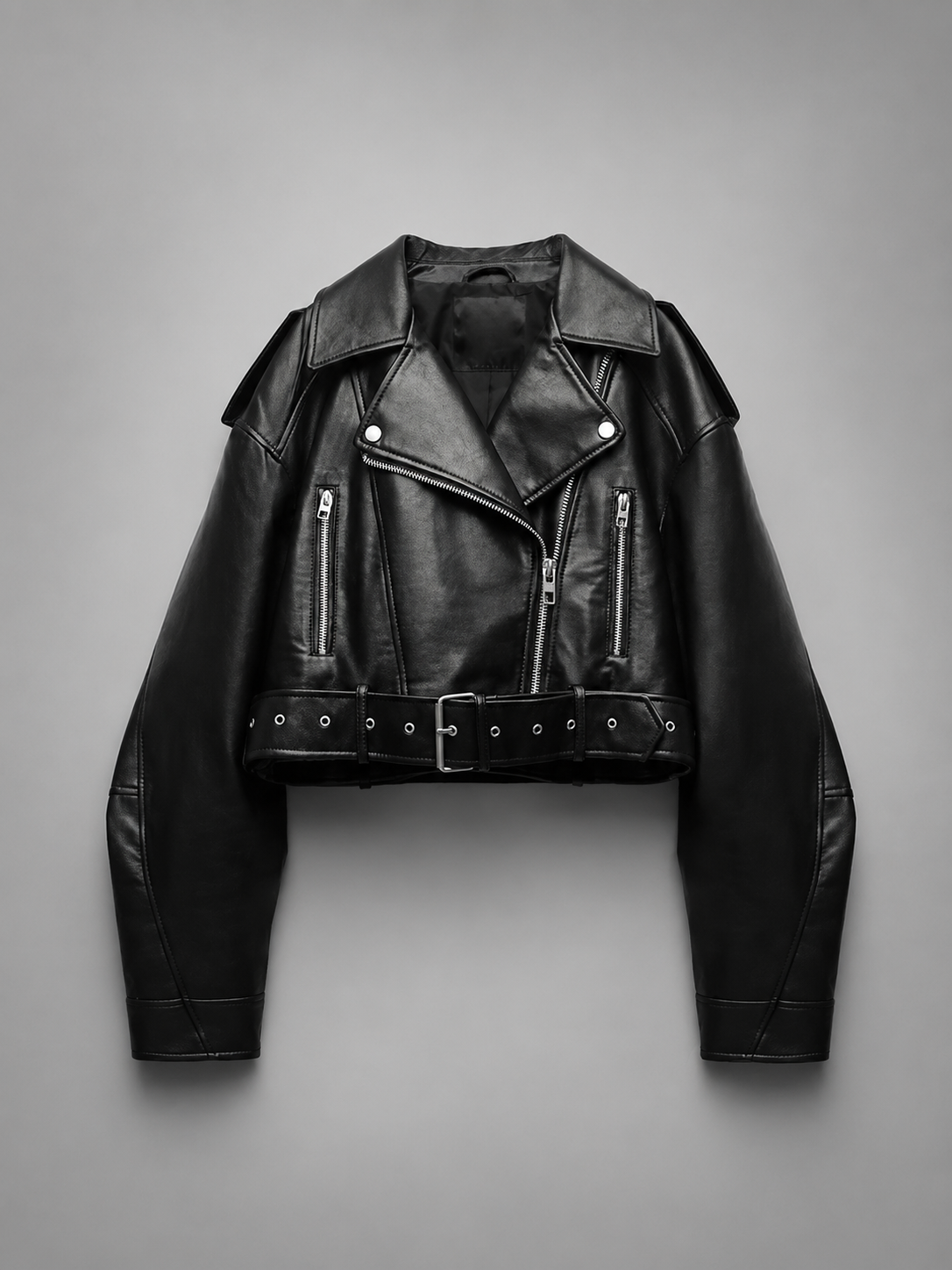 Women's Faux Leather Short Motorcycle Jacket – Belted with Zipper Lapel