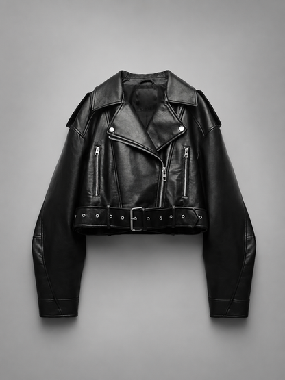 Women's Faux Leather Short Motorcycle Jacket – Belted with Zipper Lapel