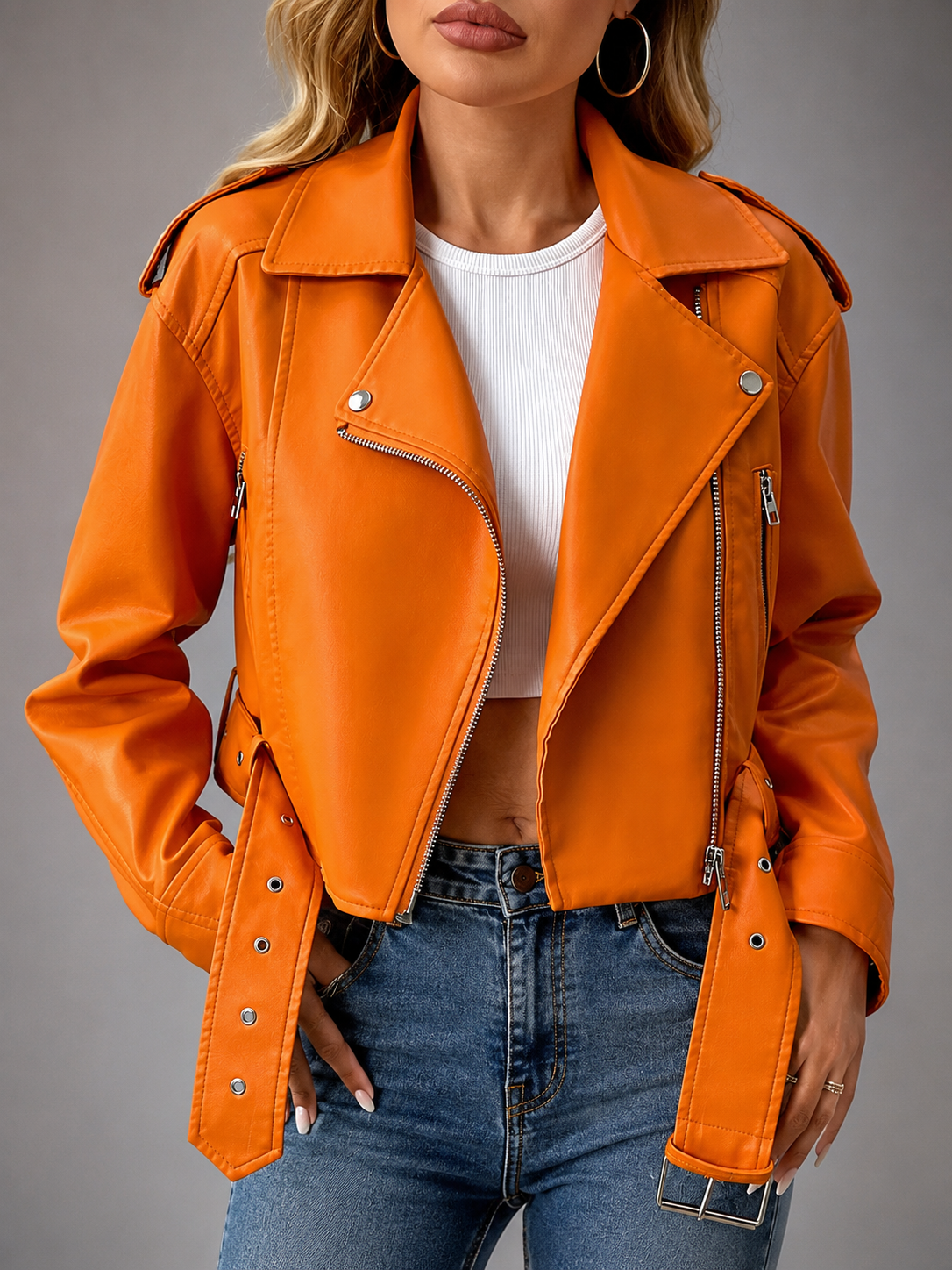 Women's Faux Leather Short Motorcycle Jacket – Belted with Zipper Lapel
