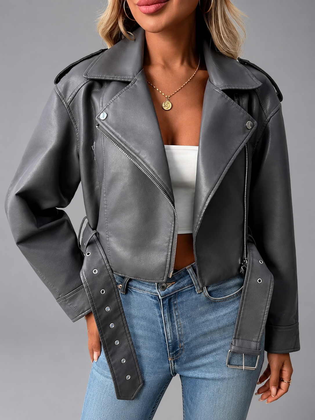 Women's Faux Leather Short Motorcycle Jacket – Belted with Zipper Lapel