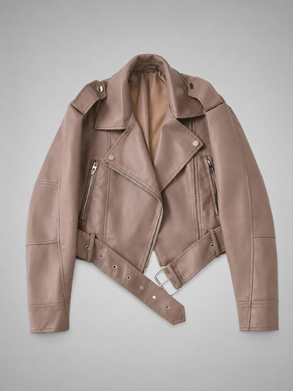 Women's Faux Leather Short Motorcycle Jacket – Belted with Zipper Lapel
