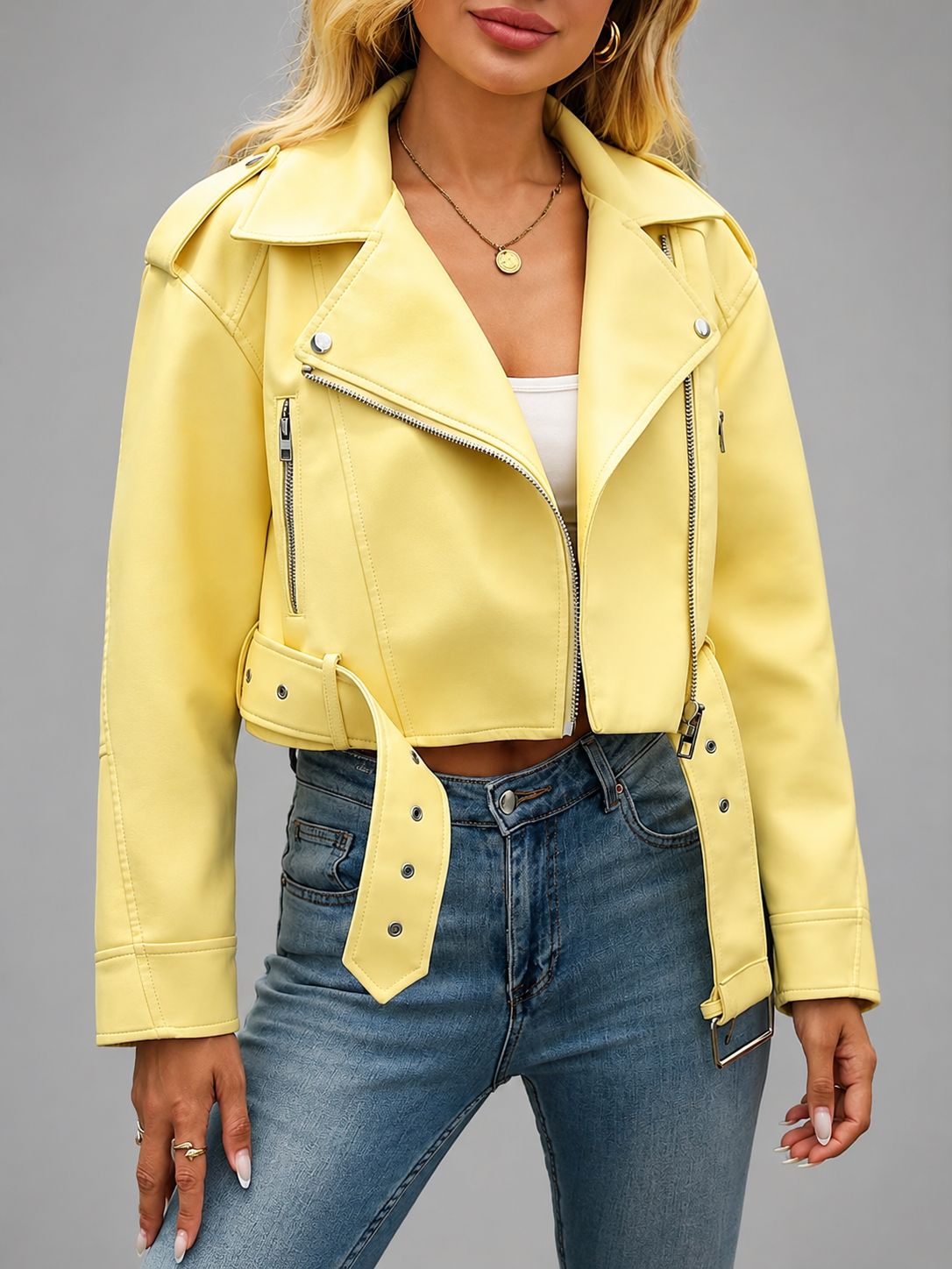 Women's Faux Leather Short Motorcycle Jacket – Belted with Zipper Lapel