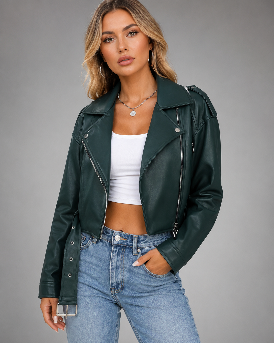 Women's Faux Leather Short Motorcycle Jacket – Belted with Zipper Lapel