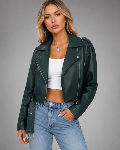 Women's Faux Leather Short Motorcycle Jacket – Belted with Zipper Lapel