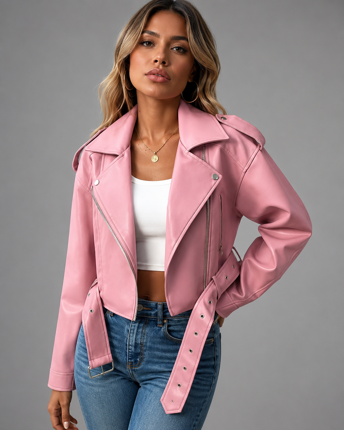 Women's Faux Leather Short Motorcycle Jacket – Belted with Zipper Lapel
