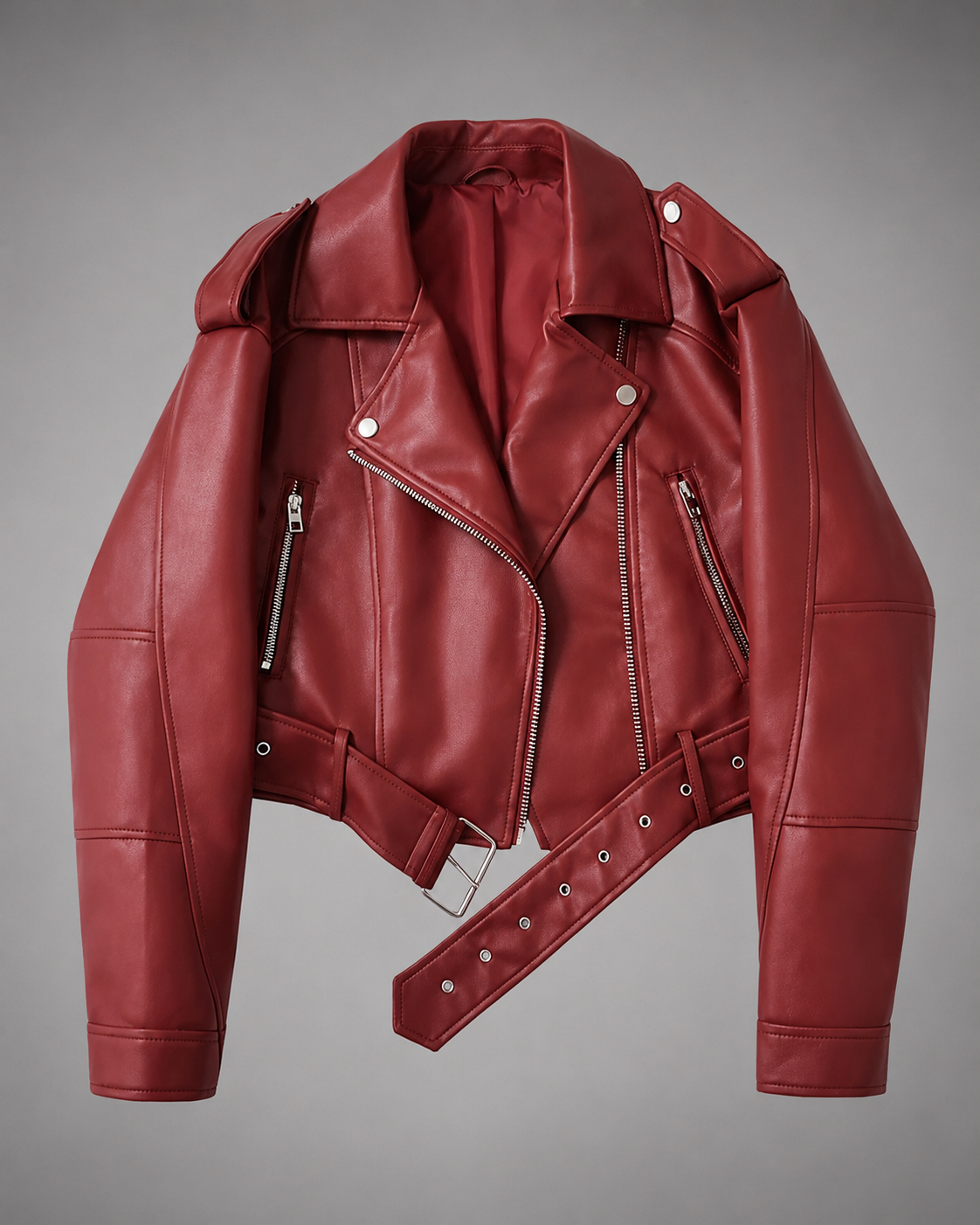 Women's Faux Leather Short Motorcycle Jacket – Belted with Zipper Lapel