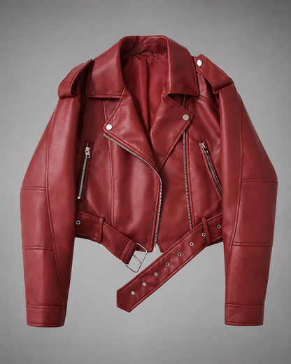 Women's Faux Leather Short Motorcycle Jacket – Belted with Zipper Lapel