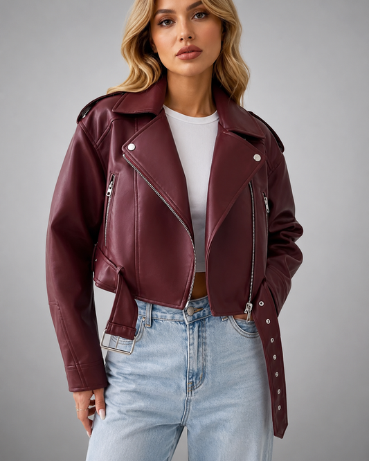 Women's Faux Leather Short Motorcycle Jacket – Belted with Zipper Lapel