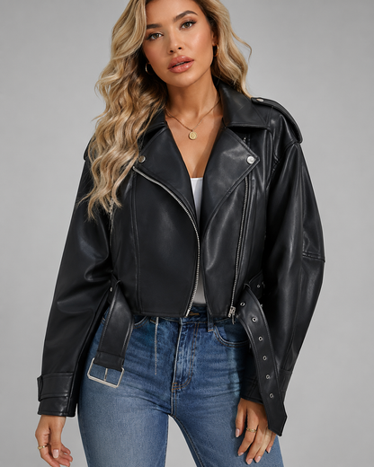 Women's Faux Leather Short Motorcycle Jacket – Belted with Zipper Lapel