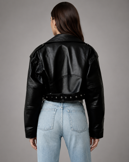Women's Faux Leather Short Motorcycle Jacket – Belted with Zipper Lapel