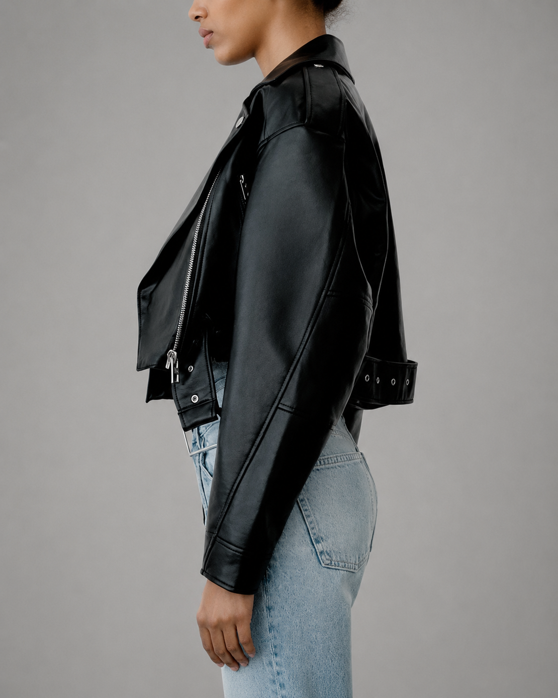 Women's Faux Leather Short Motorcycle Jacket – Belted with Zipper Lapel