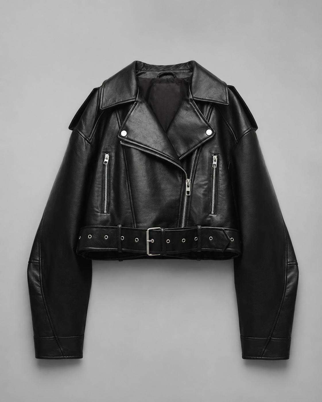Women's Faux Leather Short Motorcycle Jacket – Belted with Zipper Lapel