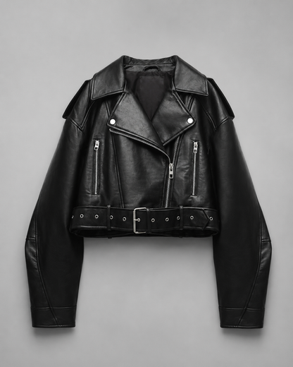 Women's Faux Leather Short Motorcycle Jacket – Belted with Zipper Lapel