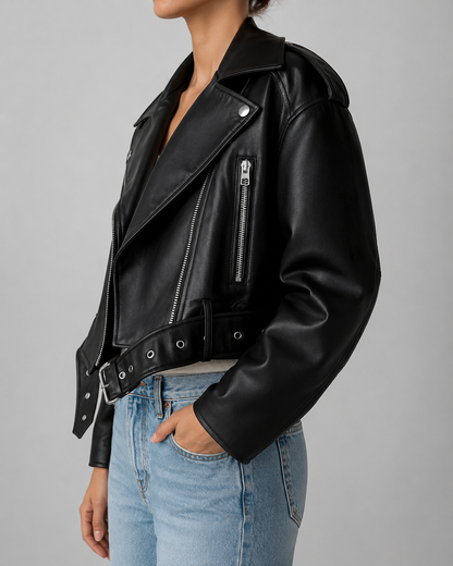 Women's Faux Leather Short Motorcycle Jacket – Belted with Zipper Lapel