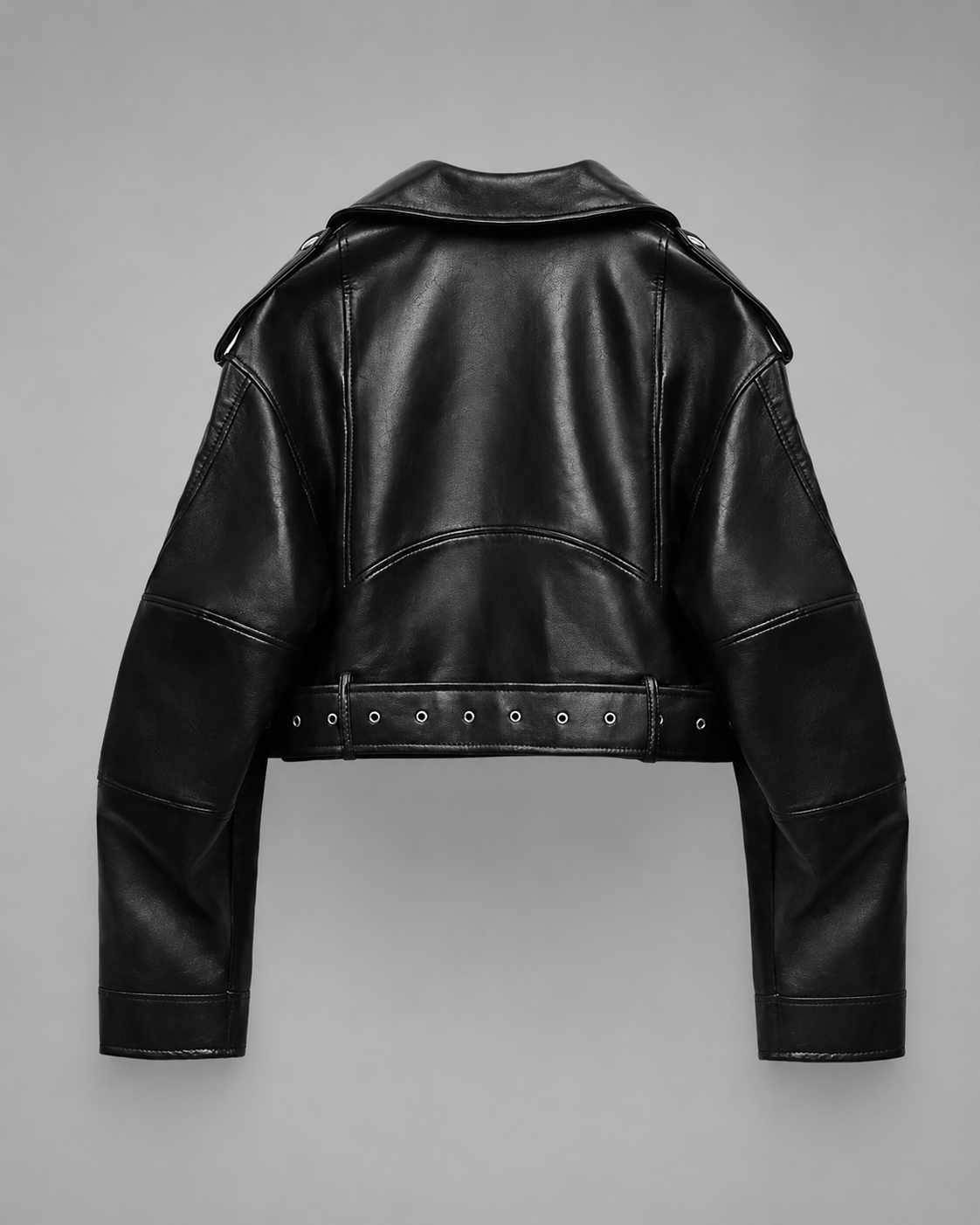 Women's Faux Leather Short Motorcycle Jacket – Belted with Zipper Lapel