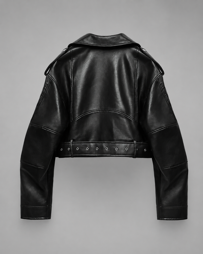 Women's Faux Leather Short Motorcycle Jacket – Belted with Zipper Lapel