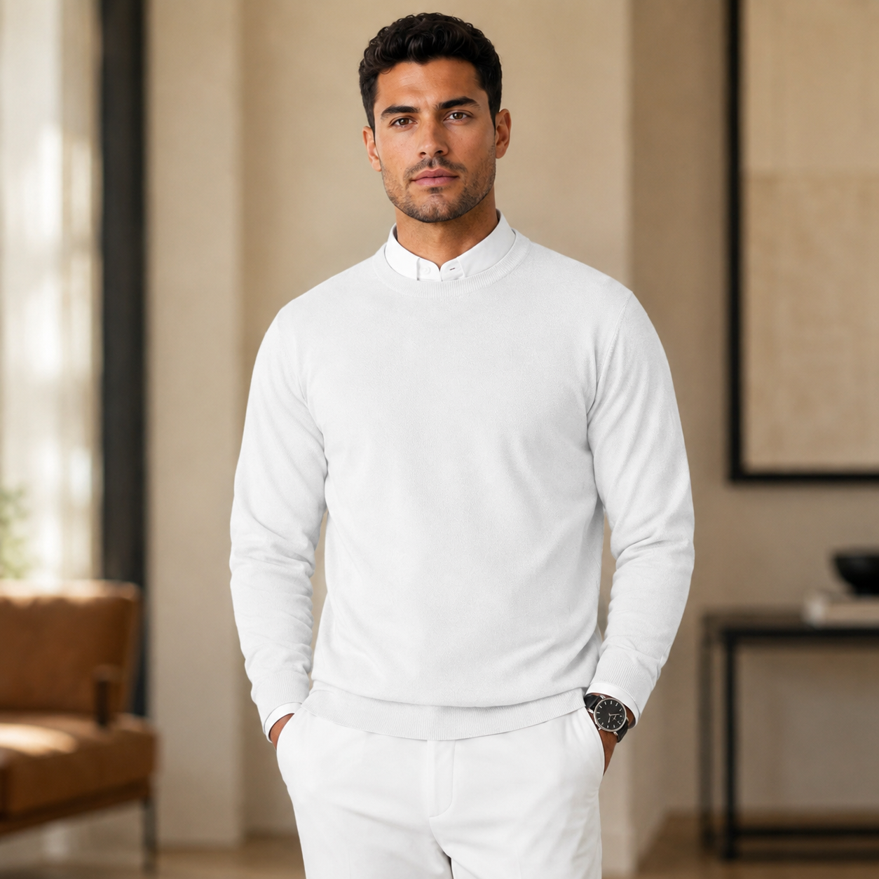 Men's Lightweight Knitted Sweater – Round Neck with Long Sleeves