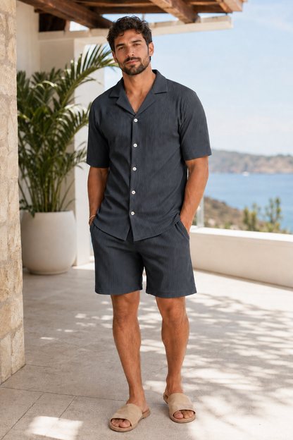 Men's Short Sleeve Shirt and Shorts Outfit Set – Textured Vertical Ribbed Pattern – Relaxed Fit