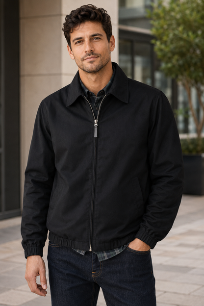 Men's Zip-Up Harrington Jacket – Elasticated Cuffs and Hem