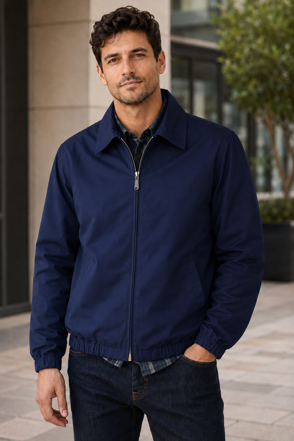 Men's Zip-Up Harrington Jacket – Elasticated Cuffs and Hem