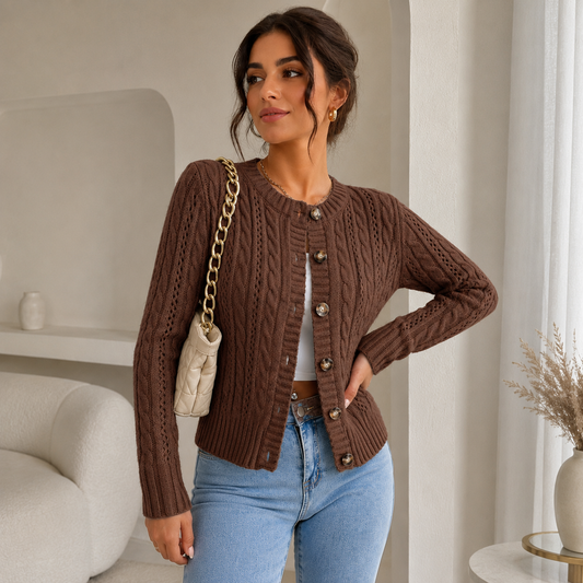 Women’s Cropped Cable Knit Cardigan – Button Front Closure, Long Sleeves