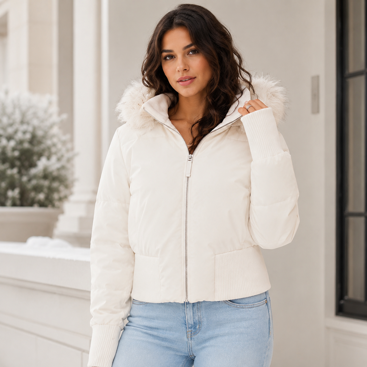 Women’s Quilted Winter Jacket – Cropped Silhouette with Removable Hood