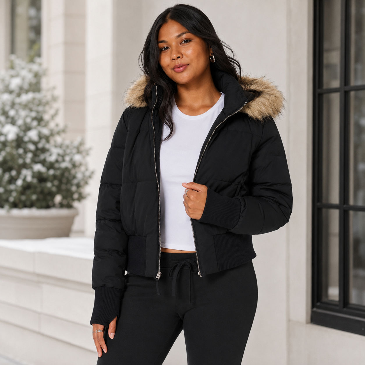 Women’s Quilted Winter Jacket – Cropped Silhouette with Removable Hood