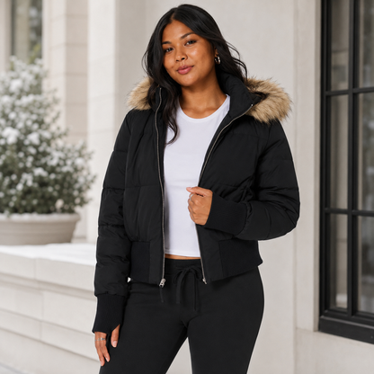 Women’s Quilted Winter Jacket – Cropped Silhouette with Removable Hood