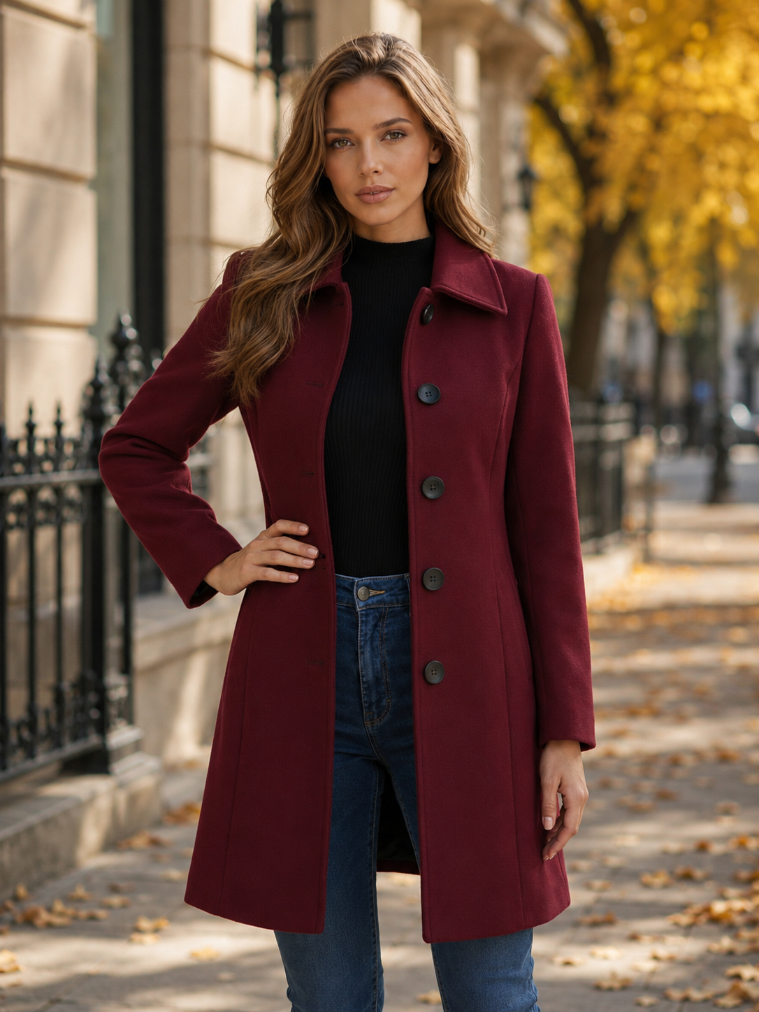 Women’s Mid-Weight Wool Blend Winter Trench Coat – Single Breasted with Turn-Down Collar