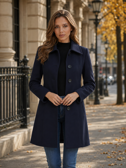 Women’s Mid-Weight Wool Blend Winter Trench Coat – Single Breasted with Turn-Down Collar