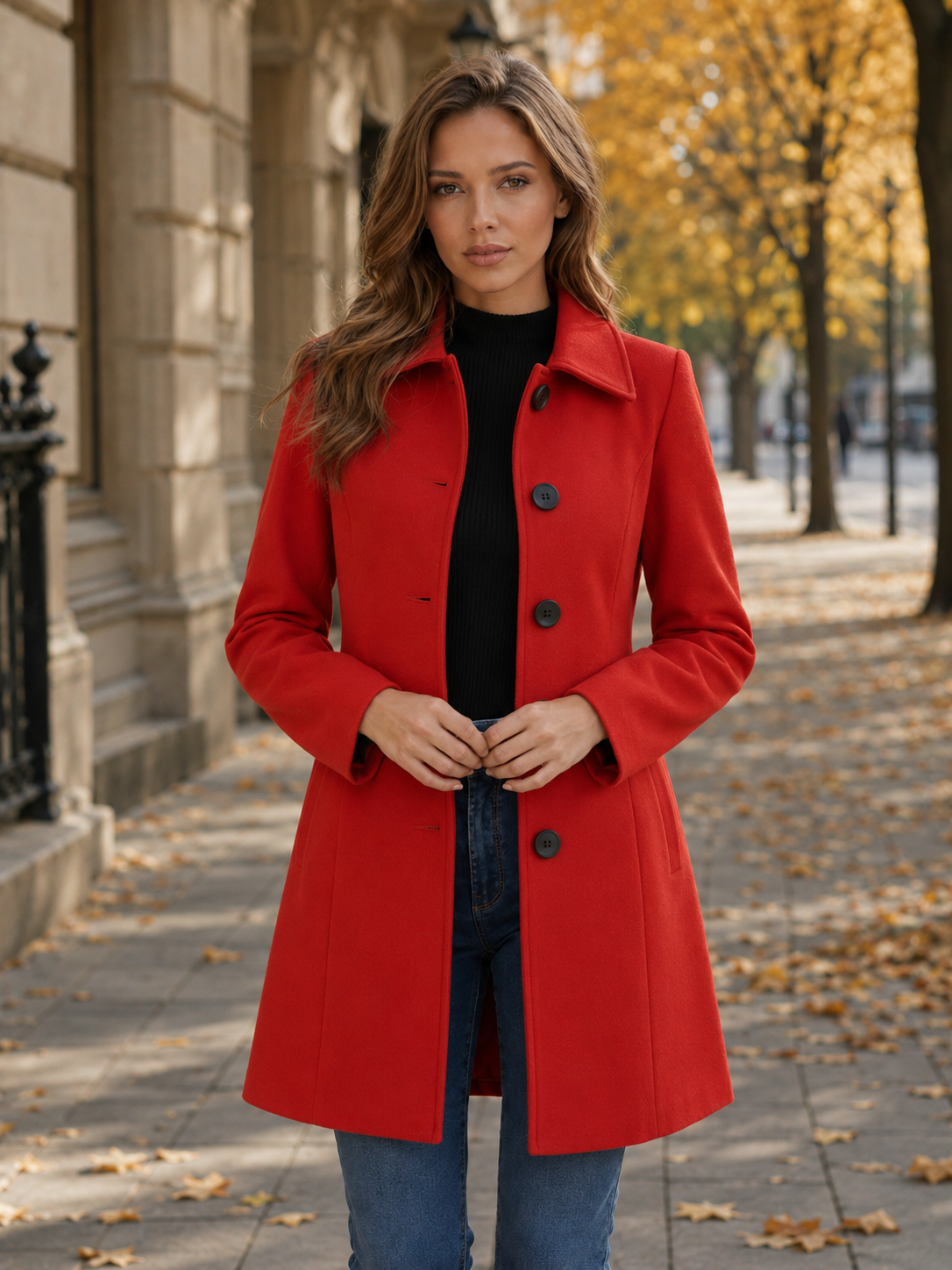 Women’s Mid-Weight Wool Blend Winter Trench Coat – Single Breasted with Turn-Down Collar