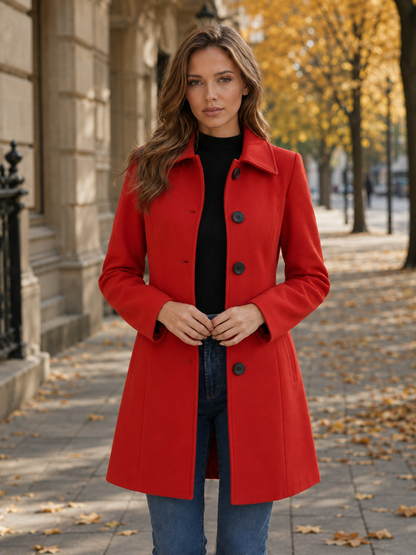 Women’s Mid-Weight Wool Blend Winter Trench Coat – Single Breasted with Turn-Down Collar