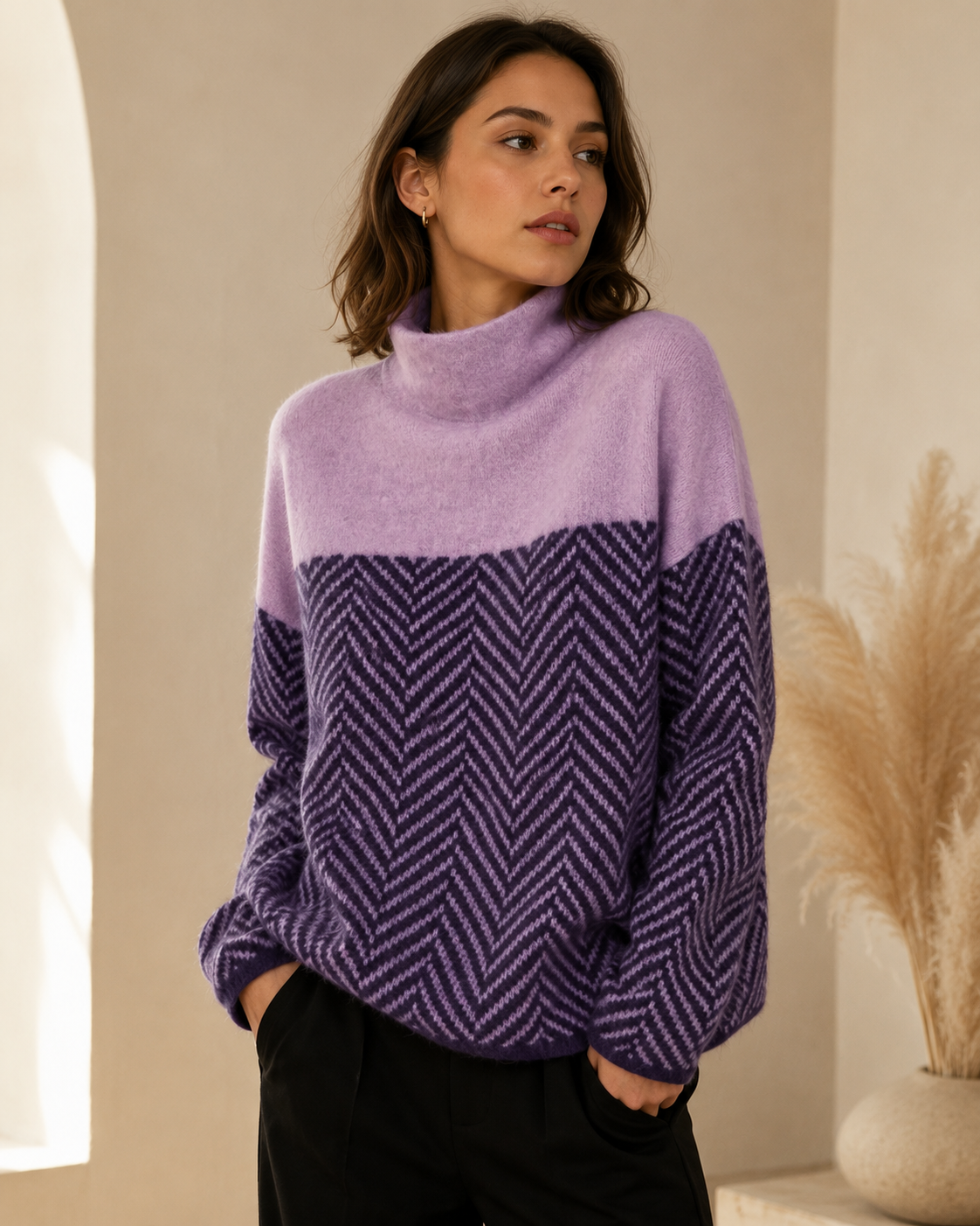 Women’s Cashmere Chevron Turtleneck Sweater – Relaxed Fit with Funnel Neck