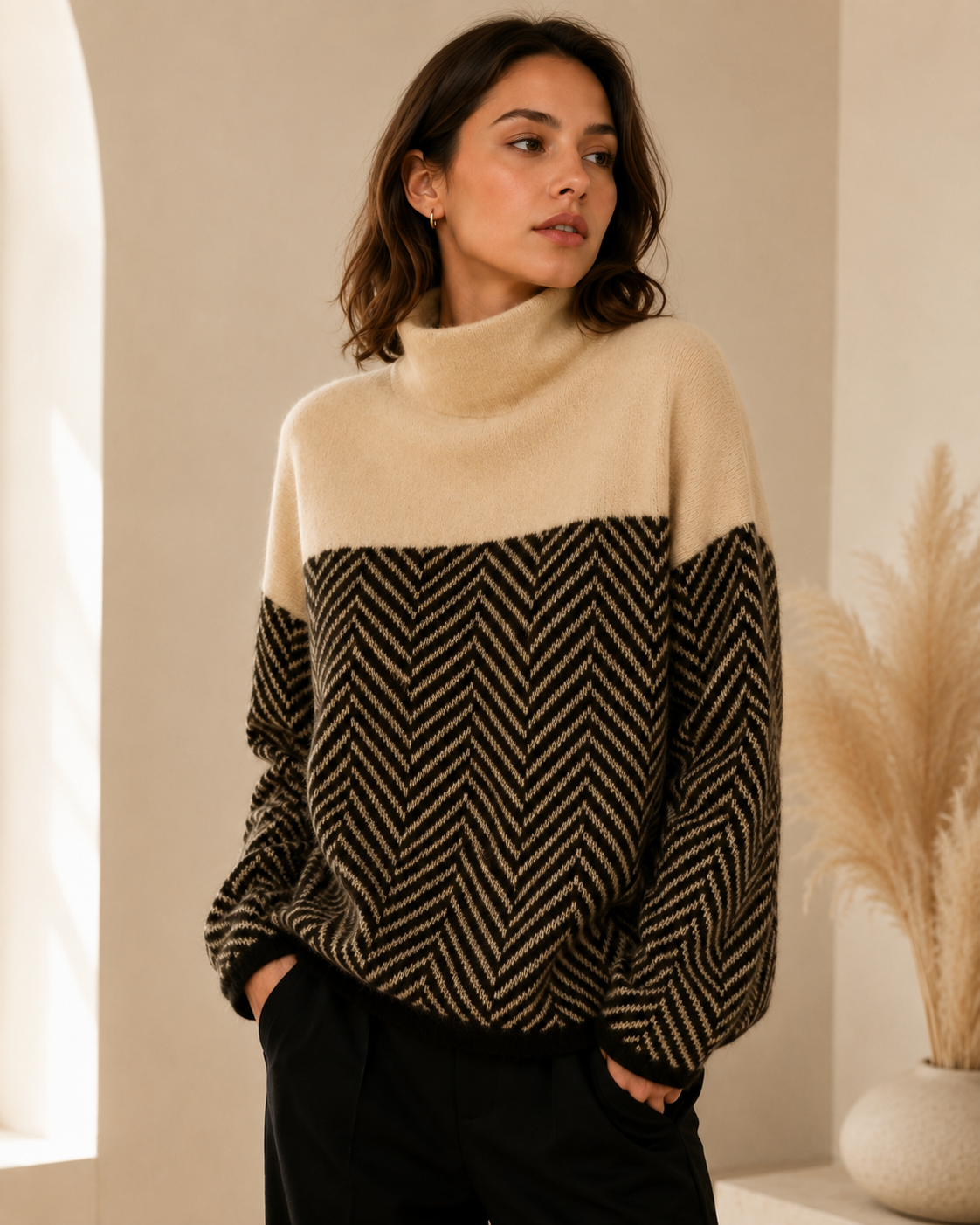 Women’s Cashmere Chevron Turtleneck Sweater – Relaxed Fit with Funnel Neck