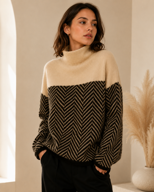 Women’s Cashmere Chevron Turtleneck Sweater – Relaxed Fit with Funnel Neck