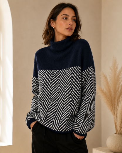 Women’s Cashmere Chevron Turtleneck Sweater – Relaxed Fit with Funnel Neck