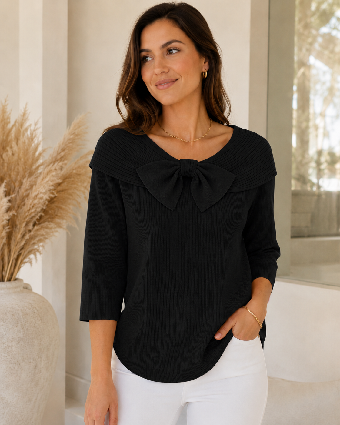 Women's Cotton Bow Sweater – Slim Fit with Romantic Detail