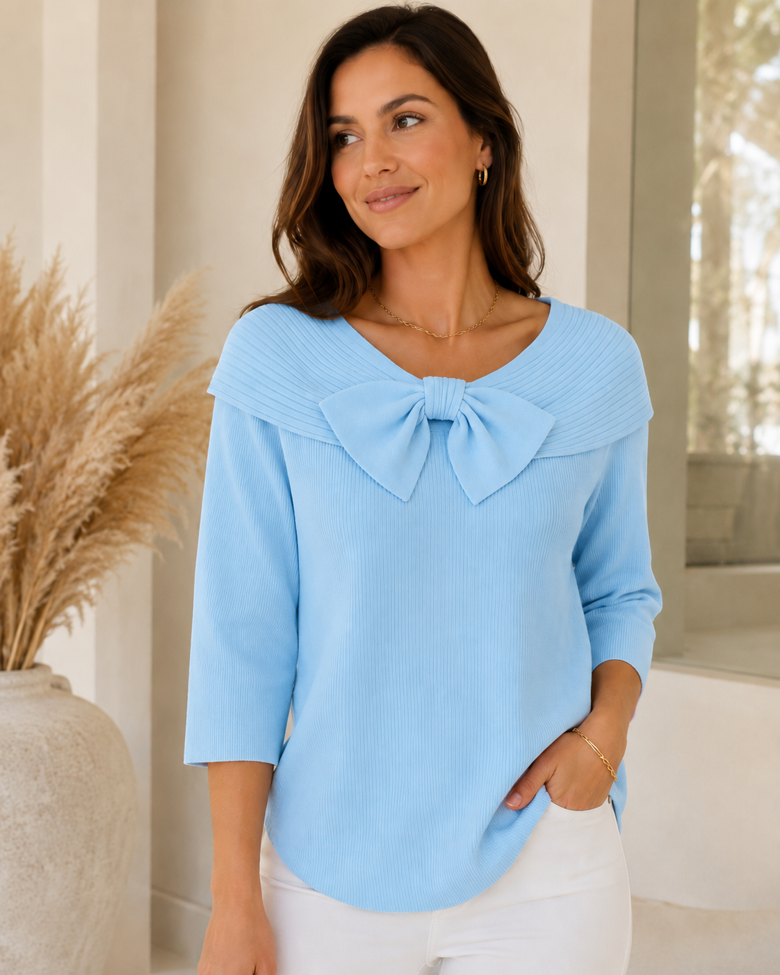 Women's Cotton Bow Sweater – Slim Fit with Romantic Detail