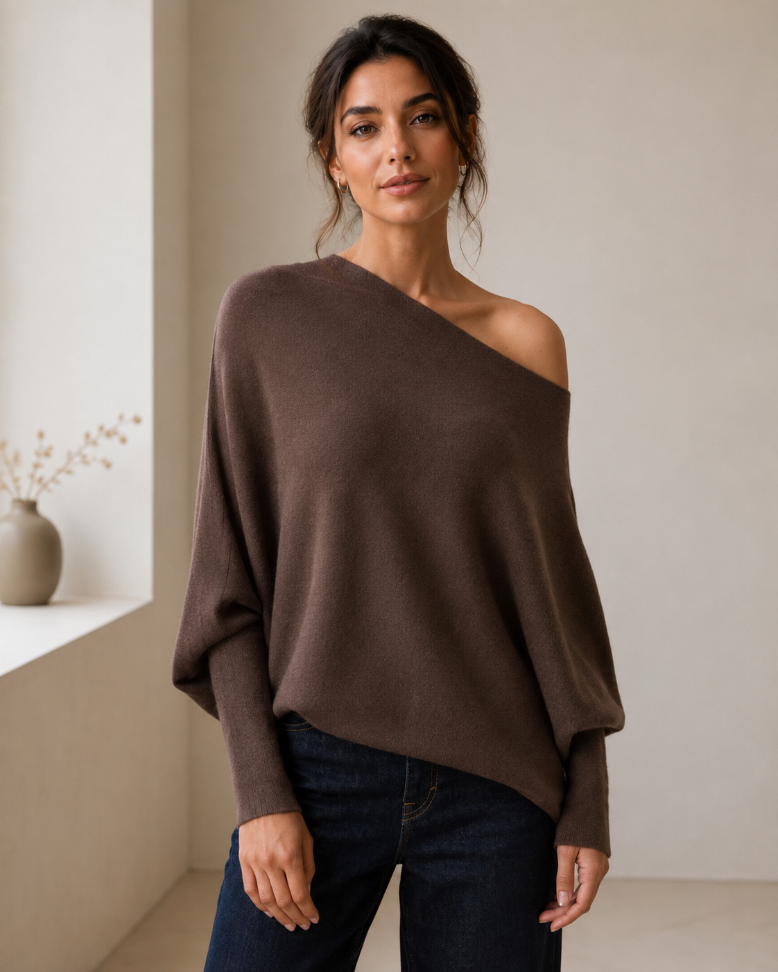 Women's Lightweight Off Shoulder Sweater – Asymmetrical Neckline