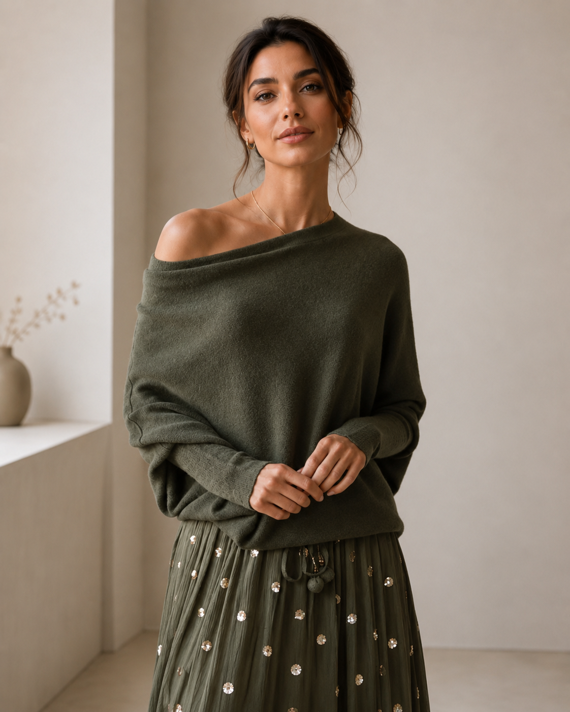 Women's Lightweight Off Shoulder Sweater – Asymmetrical Neckline