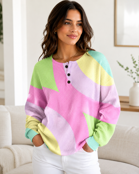 Women's Oversized Waffle Knit Sweater – Henley Button Neckline with Geometric Pattern