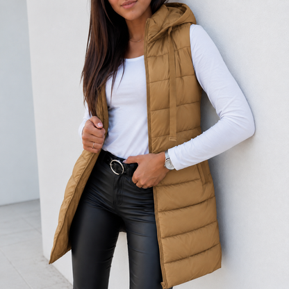 Women's Lightweight Hooded Puffer Vest – Black, Long Design