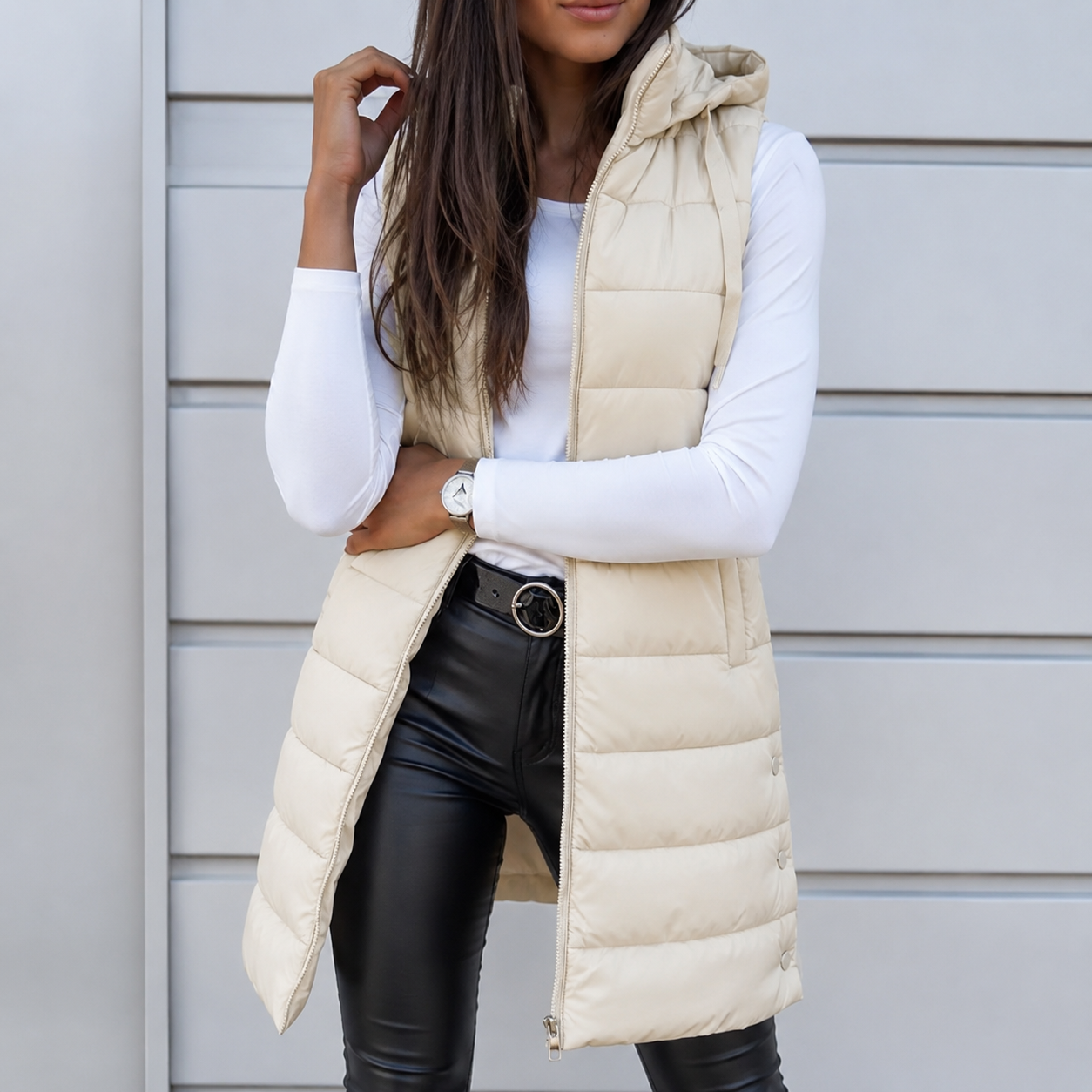 Women's Lightweight Hooded Puffer Vest – Black, Long Design