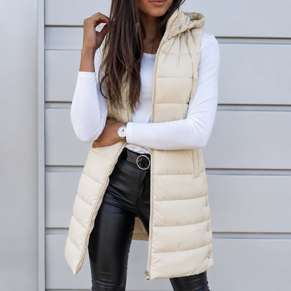 Women's Lightweight Hooded Puffer Vest – Black, Long Design