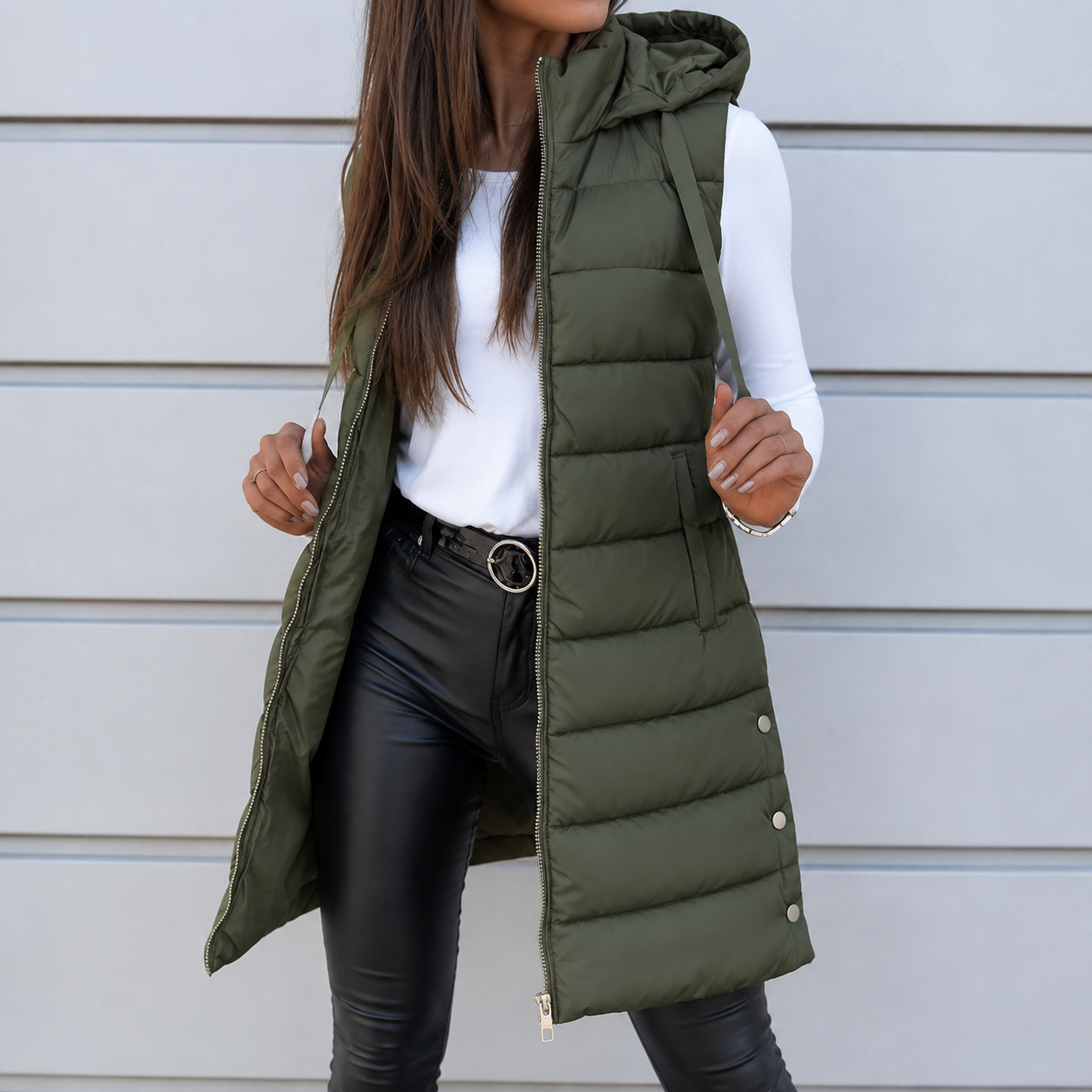 Women's Lightweight Hooded Puffer Vest – Black, Long Design