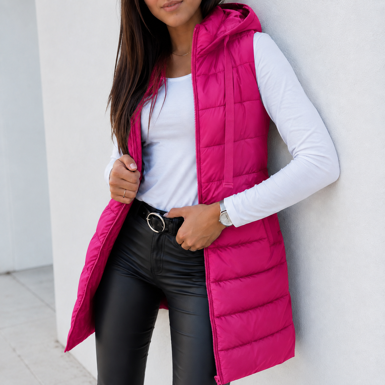 Women's Lightweight Hooded Puffer Vest – Black, Long Design